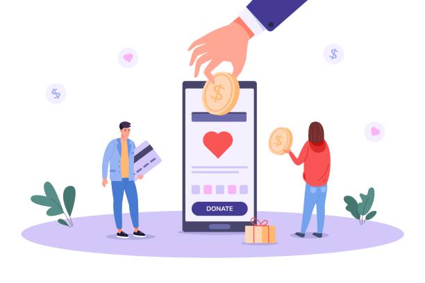 Mobile fundraising. Online donations, charity fund digital money activity crowdfunding, donating smartphone app phone bank, fundraiser cash social help, vector illustration. Charity money online
